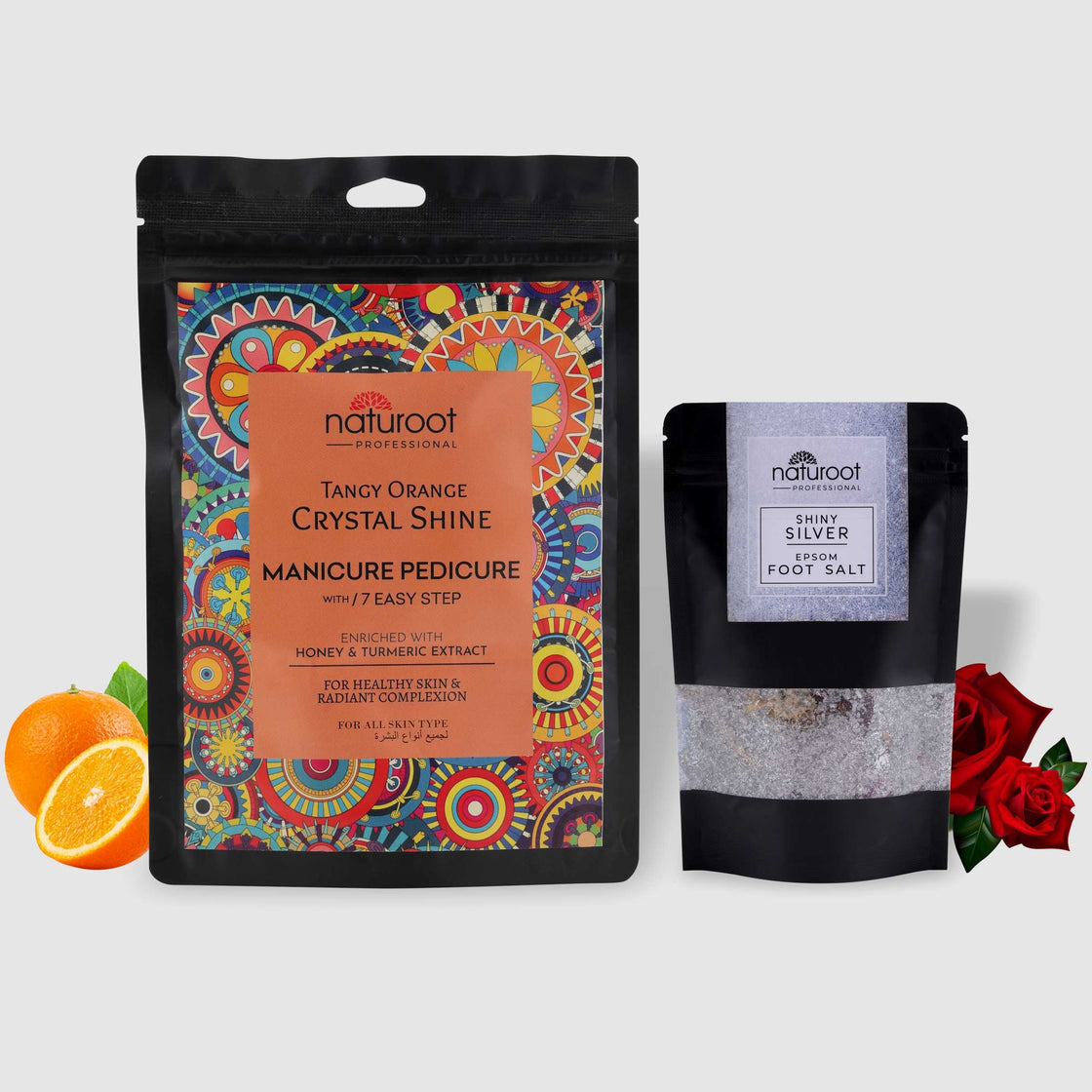 Tangy Orange Crystal Shine Manicure Pedicure with Shiny Silver Foot Salt